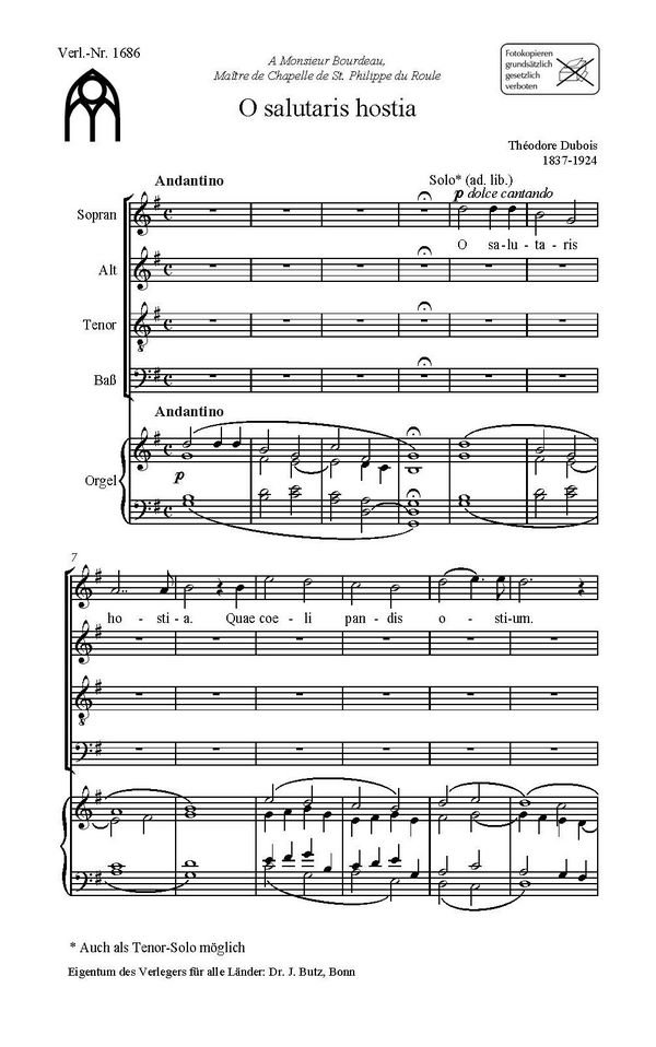 Dubois, Théodore, O salutaris hostia&nbsp;&nbsp;SATB (S-Solo ad lib.) und O&nbsp;&nbsp;