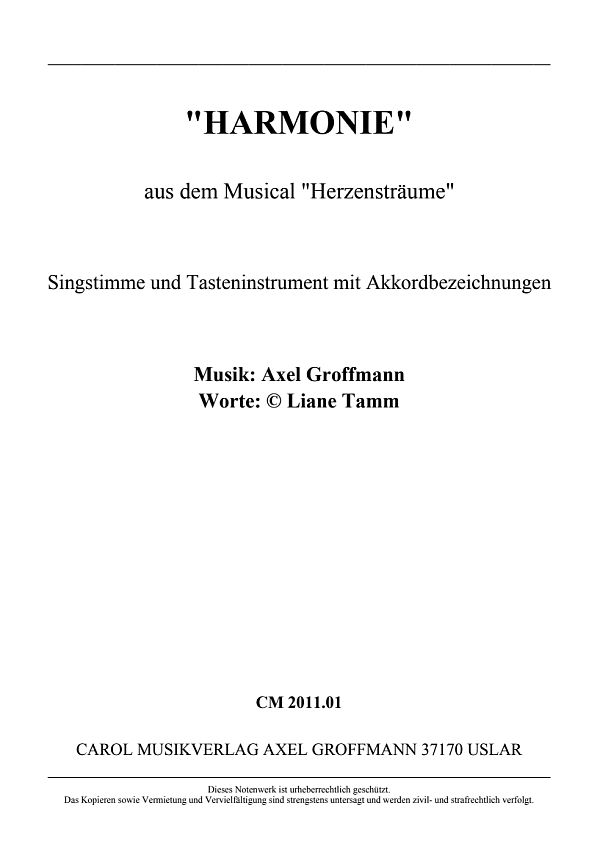 Harmonie  Lied aus dem Musical 'Herzensträume'  Singst.+ Tasteninstr. mit Akkordbezeichn.