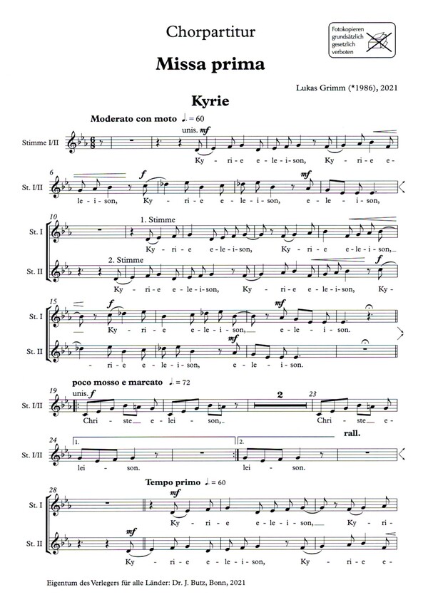 Missa prima&nbsp;&nbsp;für 2 gleiche oder gem Stimmen und Orgel&nbsp;&nbsp;Chorpartitur