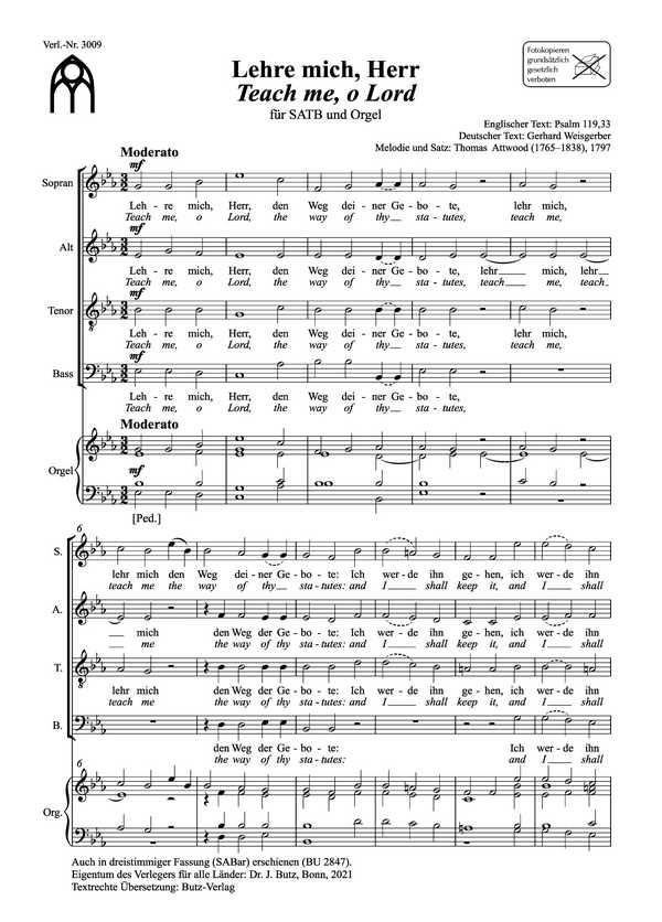 Attwood, Thomas, Lehre mich, Herr - Teach me, o Lord&nbsp;&nbsp;SATB und Orgel&nbsp;&nbsp;