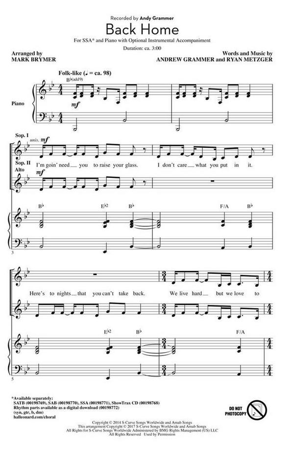 Back Home&nbsp;&nbsp;SSA&nbsp;&nbsp;Chorpartitur