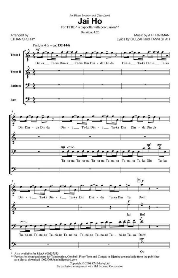 A.R. Rahman_Tanvi Shah, Jai Ho&nbsp;&nbsp;TTBB a cappella&nbsp;&nbsp;Chorpartitur