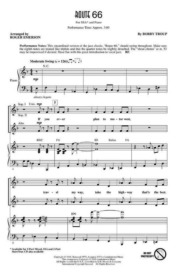 Bobby Troup, Route 66&nbsp;&nbsp;SSA and Piano&nbsp;&nbsp;Chorpartitur