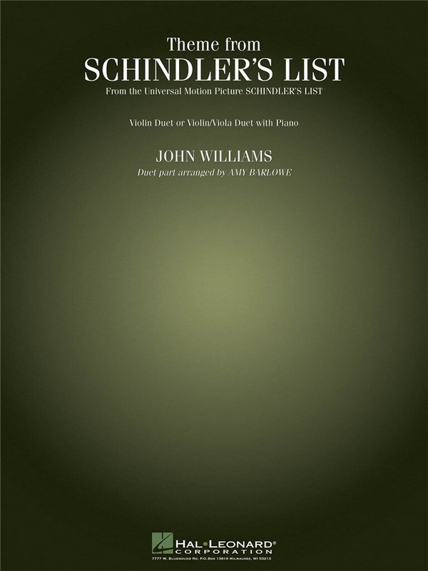 Theme from Schindler's List:&nbsp;&nbsp;for 2 violins (violin and viola) and piano&nbsp;&nbsp;parts