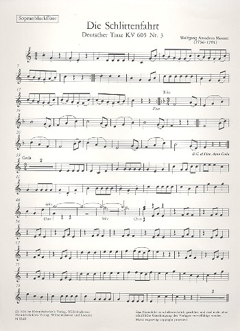 Die Schlittenfahrt KV605,3&nbsp;&nbsp;für Blockflötenchor und Begleitinstrumente&nbsp;&nbsp;Sopranblockflöte