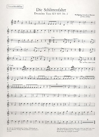 Die Schlittenfahrt KV605,3&nbsp;&nbsp;für Blockflötenchor und Begleitinstrumente&nbsp;&nbsp;Tenorblockflöte