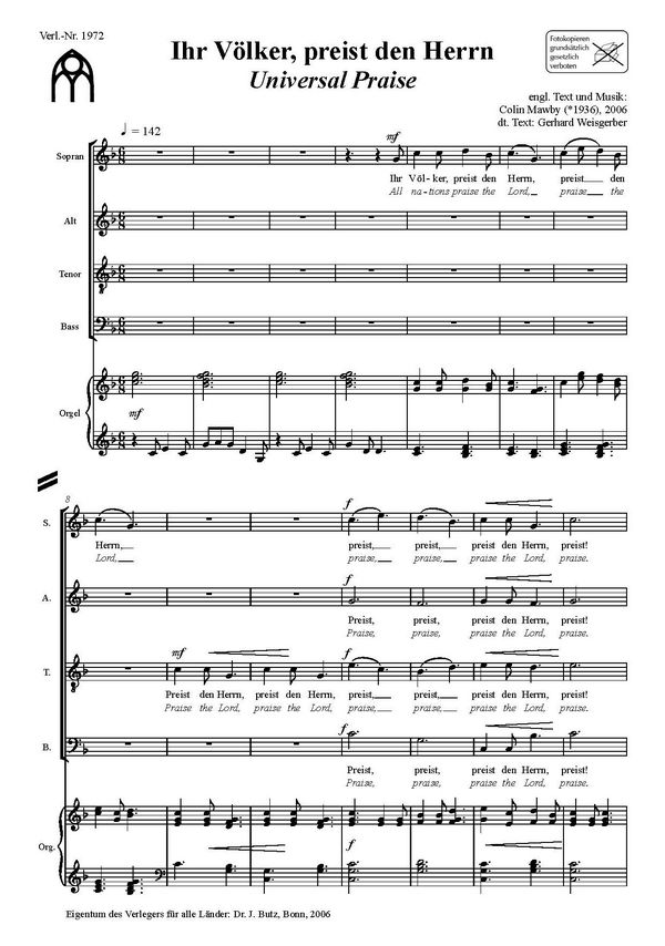 Ihr Völker preist den Herrn  für gem Chor und Orgel  Partitur (dt/en)
