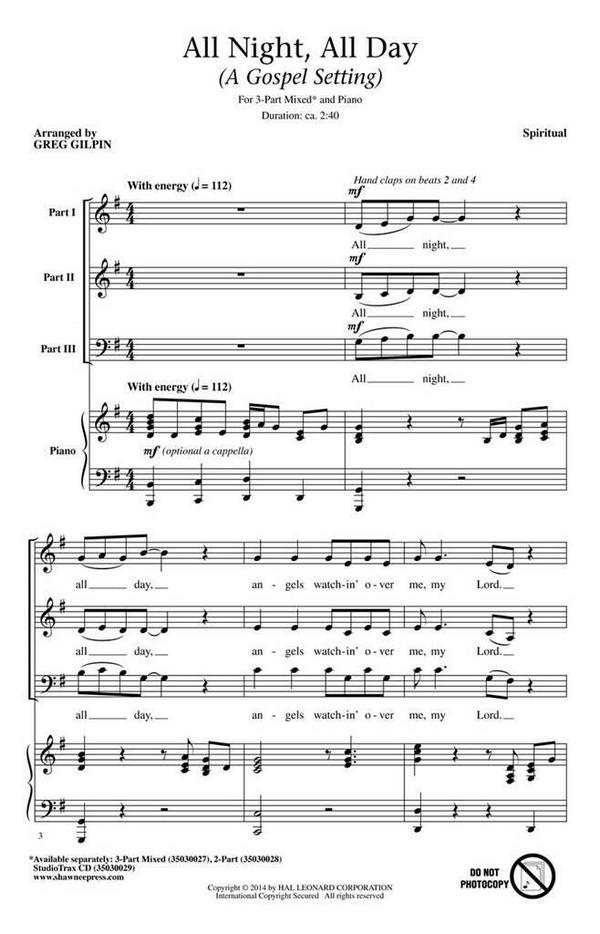 All Night all Day&nbsp;&nbsp;for 3-part mixed chorus and piano&nbsp;&nbsp;score
