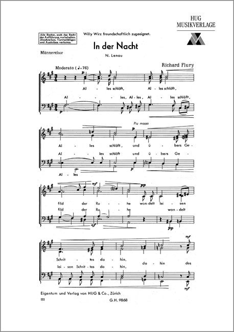 Flury, Richard, In der Nacht (Text von Nikolaus Lenau)&nbsp;&nbsp;Chorpartitur&nbsp;&nbsp;