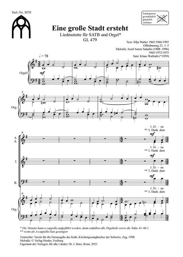 Eine grosse Stadt ersteht&nbsp;&nbsp;für gem Chor und Orgel&nbsp;&nbsp;Partitur