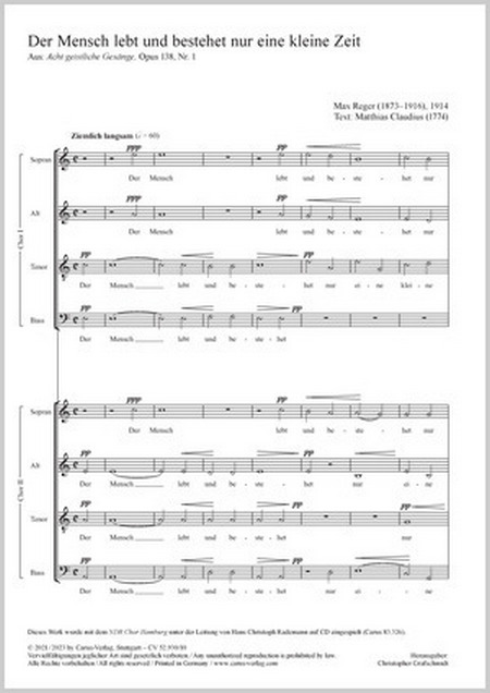 Der Mensch lebt und bestehet&nbsp;&nbsp;Coro SATB/SATB&nbsp;&nbsp;Partitur