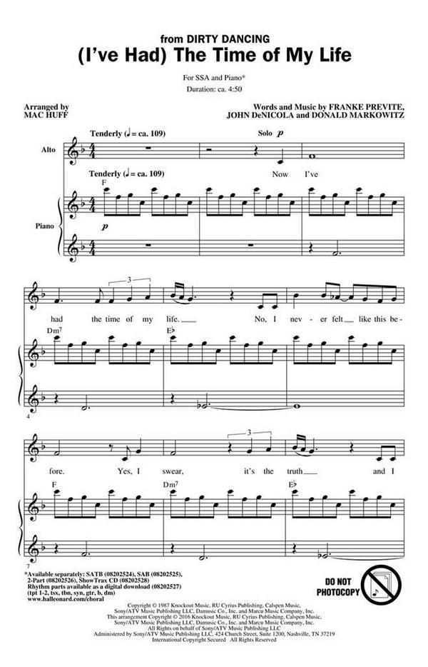 (I've Had) The Time of My Life  for female chorus (SSA) and piano  score