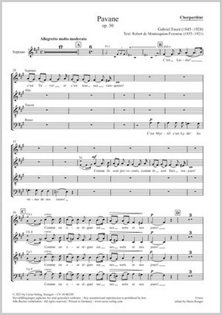 Pavane&nbsp;&nbsp;Coro SATB, 2 Fl, 2 Ob, 2 Clt, 2 Fg, 2 Cor, 2 Vl, Va, Vc, Cb&nbsp;&nbsp;Chorpartitur