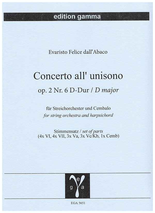 Concerto all'unisono op. 2 Nr. 6 D-Dur  für Streichorchester und Cembalo  Partitur