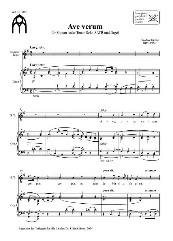 Ave verum  für S- oder T-Solo, SATB und Orgel  Partitur