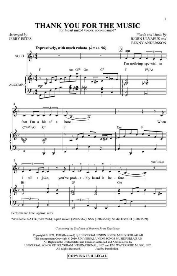 Thank You for the Music  for 3-part choir and piano  choral score