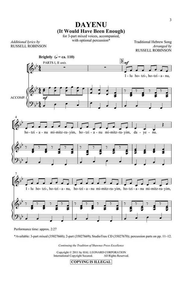 Dayenu&nbsp;&nbsp;3-Part Mixed, percussion&nbsp;&nbsp;Chorpartitur