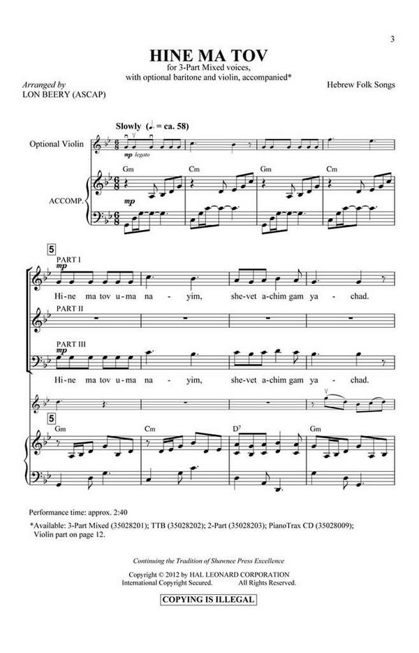 Hine Ma Tov&nbsp;&nbsp;3-Part Choir&nbsp;&nbsp;Chorpartitur