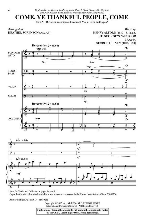 Come, Ye Thankful People, Come&nbsp;&nbsp;SATB, Violin and Cello&nbsp;&nbsp;Chorpartitur