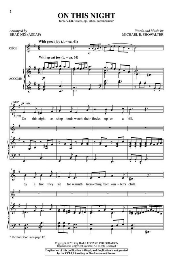 On This Night  SATB and Oboe  Chorpartitur