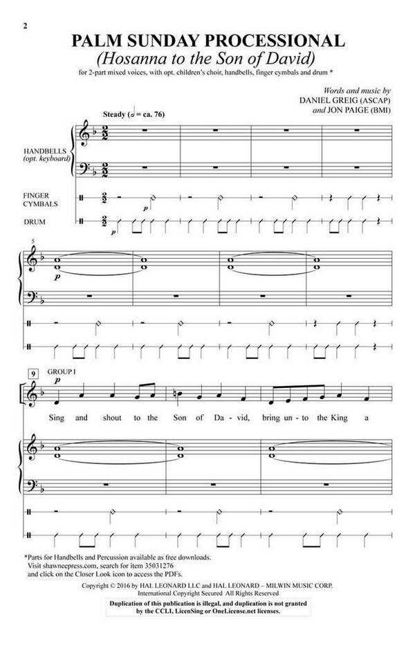 Palm Sunday Processional  2-Part Mixed, opt. Handbells and Percussion  Chorpartitur