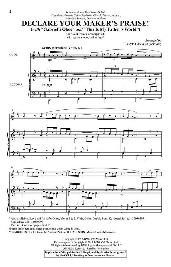 Declare Your Maker's Praise!&nbsp;&nbsp;SAB and opt. Oboe&nbsp;&nbsp;Chorpartitur