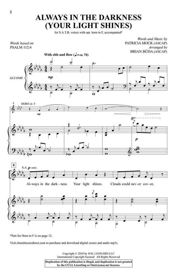 Always in the Darkness (Your Light Shines)&nbsp;&nbsp;SATB and opt. French Horn&nbsp;&nbsp;Chorpartitur