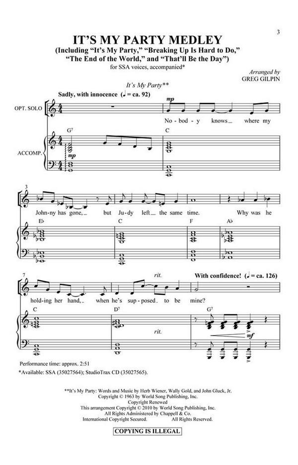 It's My Party Medley&nbsp;&nbsp;SSA&nbsp;&nbsp;Chorpartitur