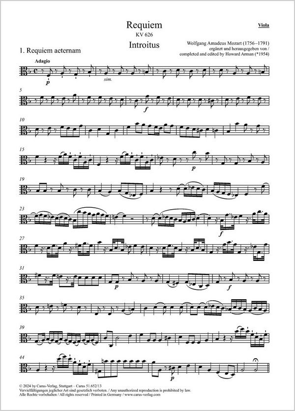 Requiem (Arman-Fassung)&nbsp;&nbsp;Soli SATB, Coro SATB, 2 Corni di bassetto, 2 Fg, 2 Tr, 3 Trb, Timp, 2 Vl, Va, Bc&nbsp;&nbsp;Einzelstimme, Viola