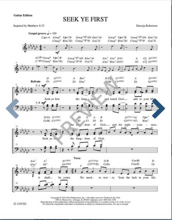 Seek Ye First&nbsp;&nbsp;SATB, Guitar and Piano&nbsp;&nbsp;Part