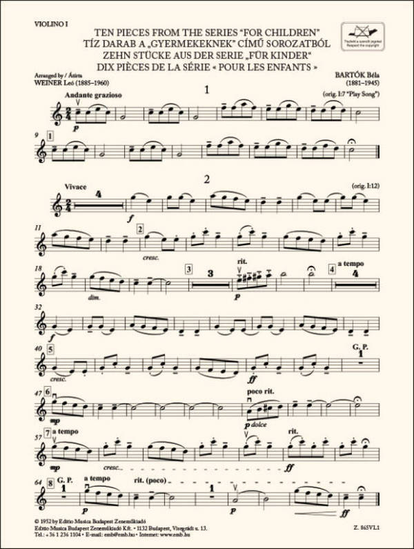 Ten Pieces from the Series 'For Children'-Violin 1&nbsp;&nbsp;Streichensemble&nbsp;&nbsp;Einzelstimme