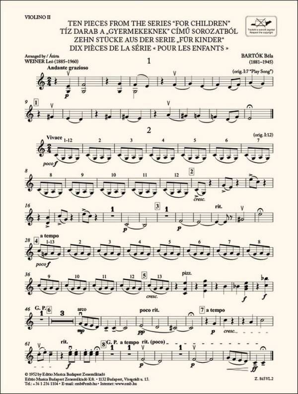 Ten Pieces from the Series 'For Children'-Violin 2&nbsp;&nbsp;Streichensemble&nbsp;&nbsp;Einzelstimme