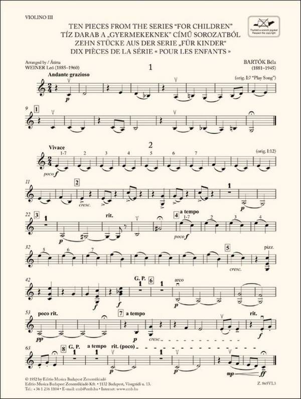 Ten Pieces from the Series 'For Children'-Violin 3&nbsp;&nbsp;Streichensemble&nbsp;&nbsp;Einzelstimme
