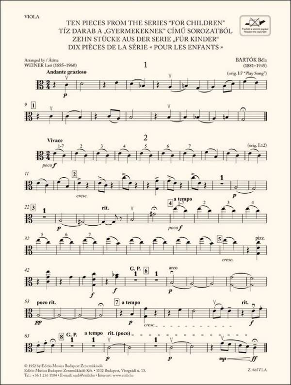 Ten Pieces from the Series 'For Children'-Viola&nbsp;&nbsp;Streichensemble&nbsp;&nbsp;Einzelstimme