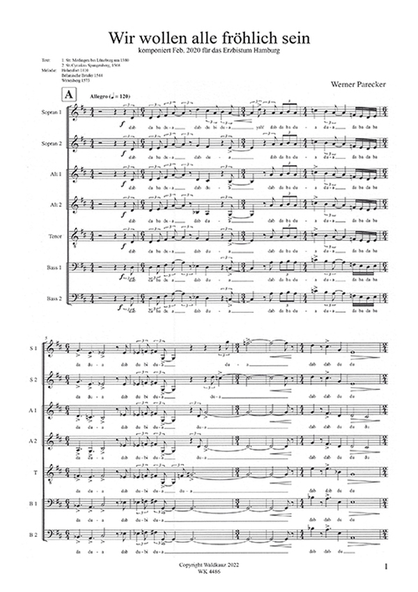 Wir wollen alle fröhlich sein&nbsp;&nbsp;für gem Chor (SSAATBB) a cappella&nbsp;&nbsp;Chorpartitur