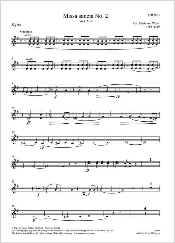 Missa sancta No. 2&nbsp;&nbsp;Soli SATB, Coro SATB, 2 Fl, 2 Ob, 2 Clt, 2 Fg, 4 Cor, 2 Tr, Timp, 2 Vl, Va, Vc, Cb&nbsp;&nbsp;Einzelstimme, Violine 2