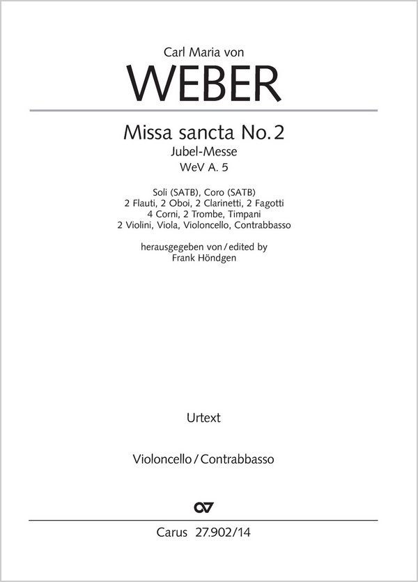 Missa sancta No. 2&nbsp;&nbsp;Soli SATB, Coro SATB, 2 Fl, 2 Ob, 2 Clt, 2 Fg, 4 Cor, 2 Tr, Timp, 2 Vl, Va, Vc, Cb&nbsp;&nbsp;Einzelstimme, Violoncello/Kontrabass
