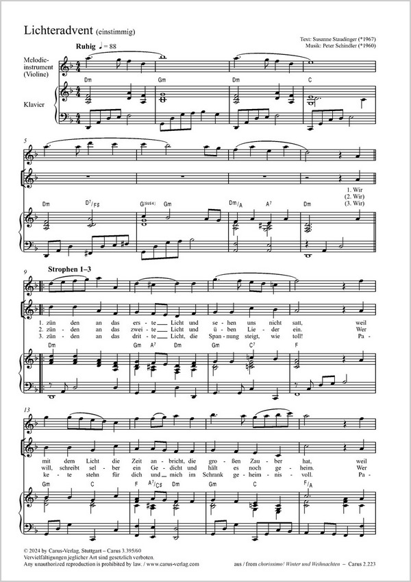 Lichteradvent. Einstimmige Fassung&nbsp;&nbsp;Coro 1stg, Pfte, Melodieinst (Vl)&nbsp;&nbsp;Partitur