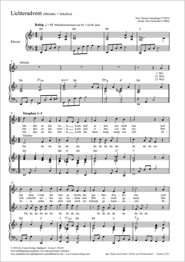 Lichteradvent. Zweistimmige Fassung (Melodie + Vokalisen)&nbsp;&nbsp;Coro 2stg (Melodie + Vokalisen), Pfte&nbsp;&nbsp;Partitur