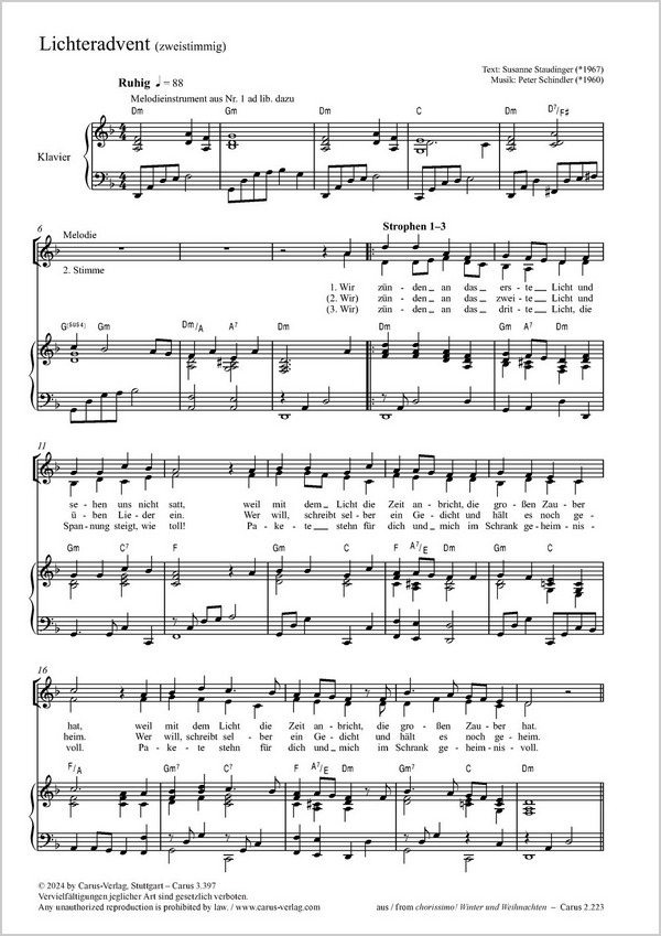 Lichteradvent. Zweistimmige Fassung&nbsp;&nbsp;Coro 2stg, Pfte, [Melodieinstr (Vl)]&nbsp;&nbsp;Partitur