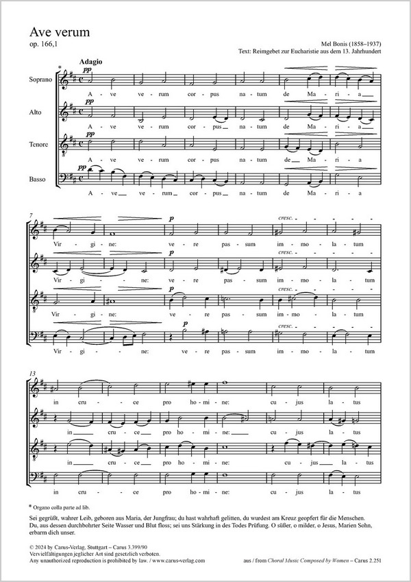 Ave verum&nbsp;&nbsp;Coro SATB, [Org]&nbsp;&nbsp;Partitur