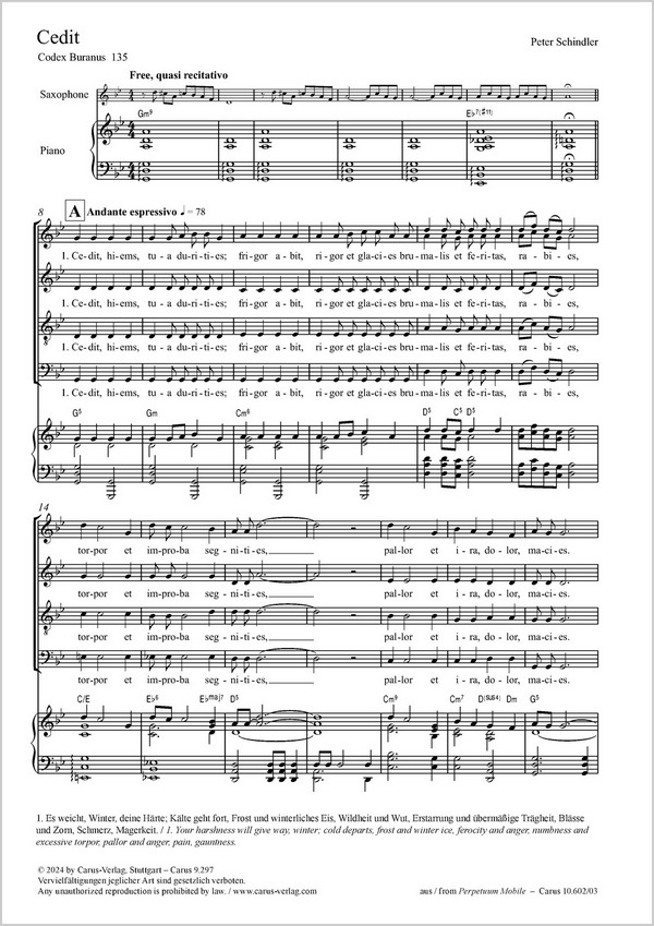 Cedit&nbsp;&nbsp;Coro SATB, S-Sax (Melodieinstr in C), Pfte, Jazz-Bass (Cb), Perc, [2 Vl, Va, Vc, Cb]&nbsp;&nbsp;Partitur