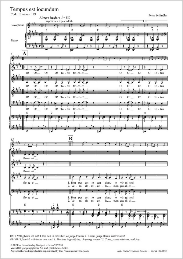 Tempus est iocundum&nbsp;&nbsp;Coro SATB, S-Sax (Melodieinstr in C), Pfte, Jazz-Bass (Cb), Perc, [2 Vl, Va, Vc, Cb]&nbsp;&nbsp;Partitur