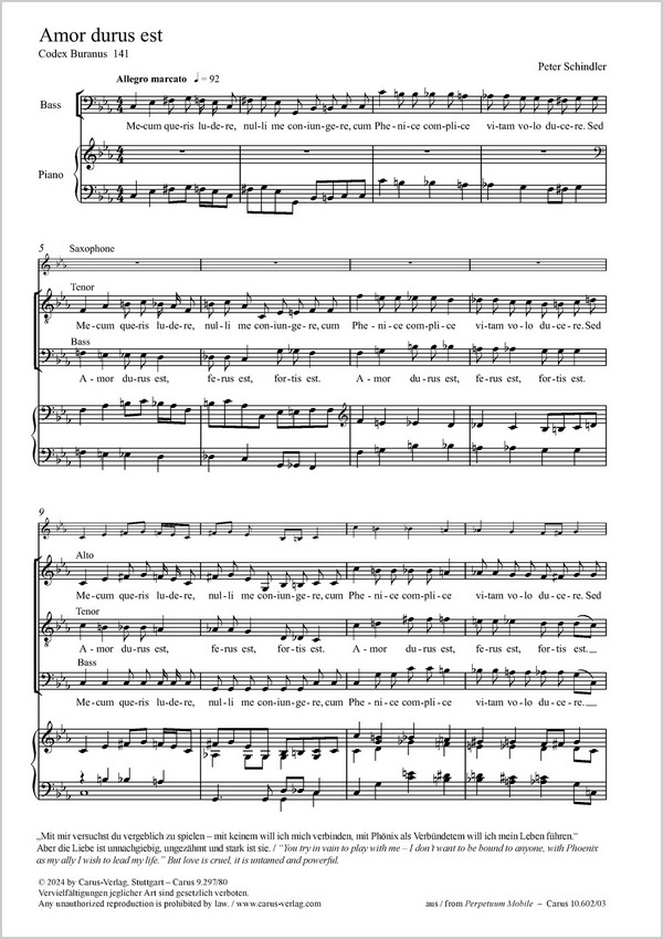 Amor durus est&nbsp;&nbsp;Coro SATB, S-Sax (Melodieinstr in C), Pfte, Jazz-Bass (Cb), Perc, [2 Vl, Va, Vc, Cb]&nbsp;&nbsp;Partitur