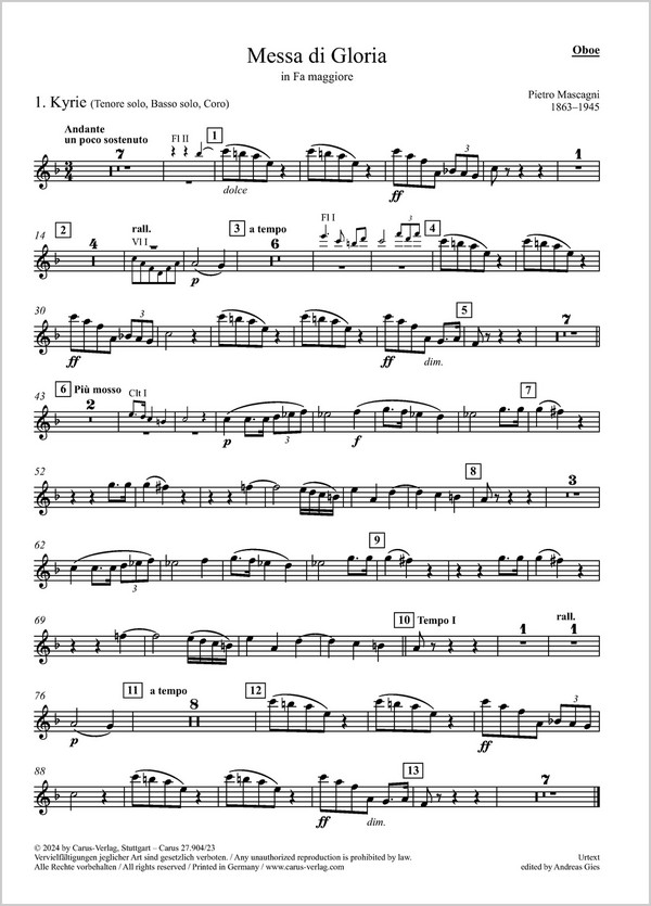 Messa di Gloria&nbsp;&nbsp;Soli TB, Coro STB (SAB), 2 Fl, Ob, 2 Clt, Fg, 2 Cor, 2 Tr, 2 Trb, Timp, Grancassa, Piatti, Tamtam, A&nbsp;&nbsp;Einzelstimme, Oboe