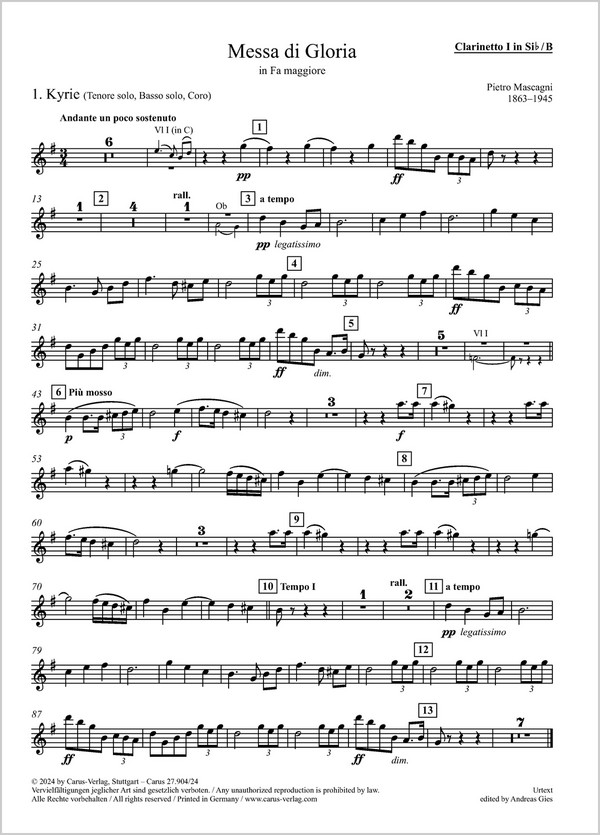 Messa di Gloria&nbsp;&nbsp;Soli TB, Coro STB (SAB), 2 Fl, Ob, 2 Clt, Fg, 2 Cor, 2 Tr, 2 Trb, Timp, Grancassa, Piatti, Tamtam, A&nbsp;&nbsp;Einzelstimme, Klarinette 1