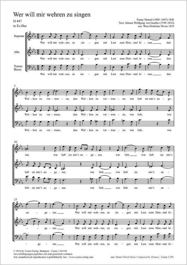 Wer will mir wehren zu singen  Coro SAM  Partitur