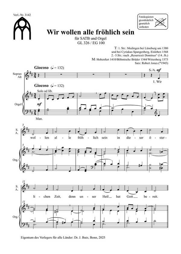 Wir wollen alle fröhlich sein&nbsp;&nbsp;für SATB und Orgel&nbsp;&nbsp;