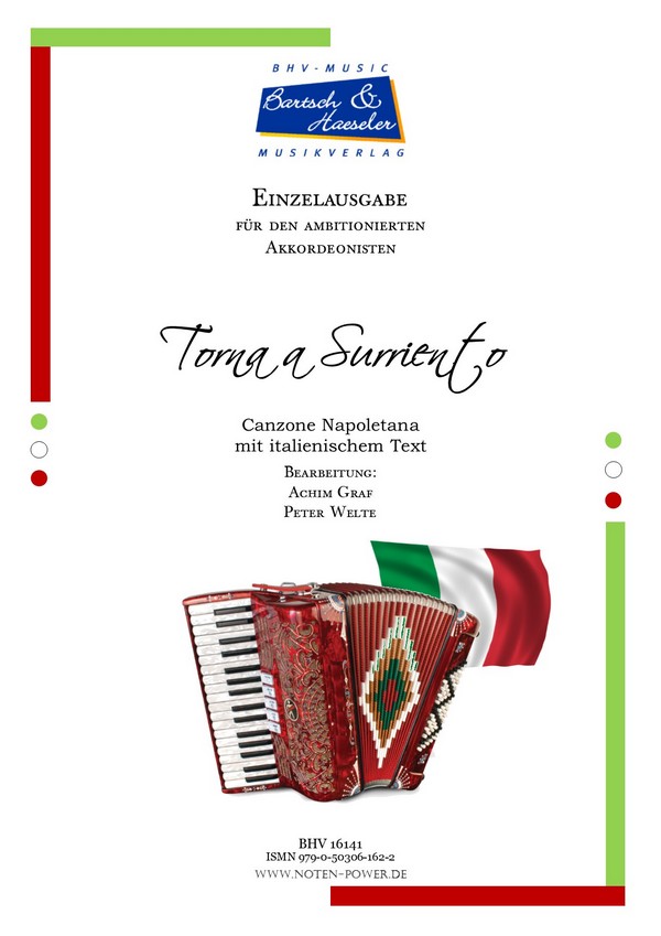 Torna a Surriento (Canzone Napoletana mit ital. Text)  für Akkordeon mit Fingersatz   