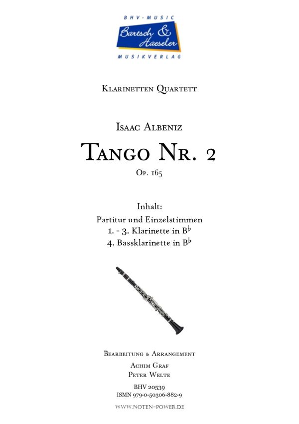 Tango op.165 Nr.2  für Klarinettenquartett  Partitur und Stimmen